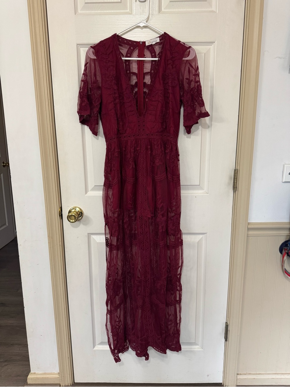 Eleter Burgundy Lace Deep V-Neck Maxi Dress Romper Medium Boho Sheer Overlay